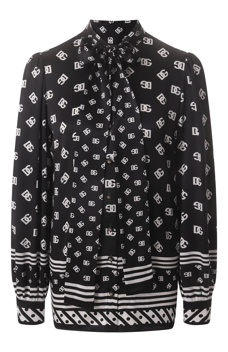 Женская шелковая блузка DOLCE & GABBANA черного цвета, арт. F5T41T/HI1X1 | Фото 1 (Рукава: Длинные; Длина (для топов): Стандартные; Материал внешний: Шелк; Стили: Кэжуэл; Женское Кросс-КТ: Блуза-одежда; Принт: С принтом; Автоматизация ТО: Проставлено; Автоматизация состава: Проставлено; Размерность: Идёт в размер; Re-sync: On)