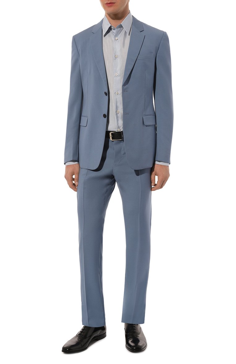 Мужской шерстяной костюм PRADA голубого цвета, арт. UAD407-D39-F0154-142 | Фото 1 (Рукава: Длинные; Материал внешний: Шерсть; Стили: Классический; Костюмы М: Однобортный)
