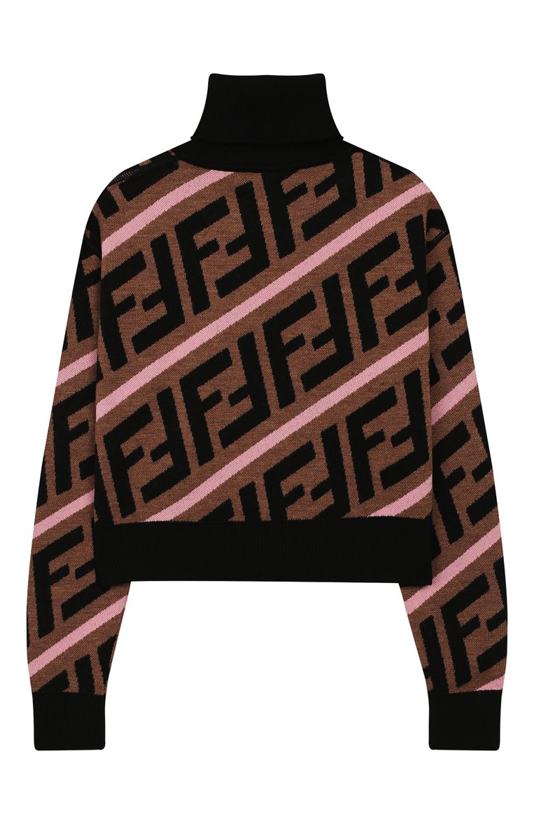 Детский укороченный свитер из шерсти FENDI коричневого цвета, арт. JFG051/A8L7/6A-8A | Фото 2 (Статус проверки: Проверена категория; Материал внешний: Шерсть; Рукава: Длинные; Принт: С принтом; Девочки Кросс-КТ: Свитер-одежда; Драгоценные камни: Проставлено; Материал сплава: Проставлено)