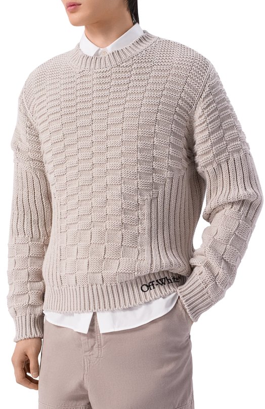 Хлопковый свитер Off-White 0MHE20RS26KNI001 Бежевый  0MHE20RS26KNI001 Фото 3