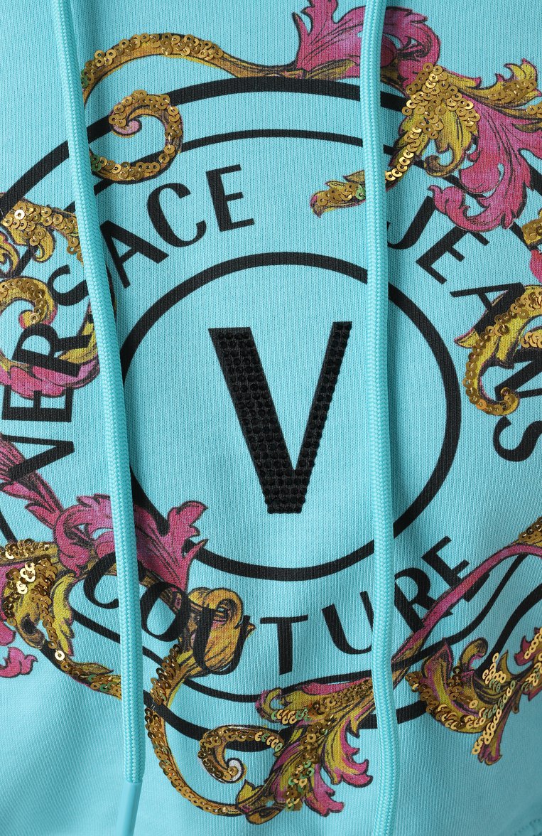 Женский хлопковое худи VERSACE JEANS COUTURE бирюзового цвета, арт. 78HAIC01/CF00C | Фото 6 (Длина (для топов): Укороченные; Рукава: Длинные; Материал внешний: Хлопок; Стили: Спорт-шик; Женское Кросс-КТ: Худи-одежда; Автоматизация �состава: Проставлено; Автоматизация ТО: Проставлено)