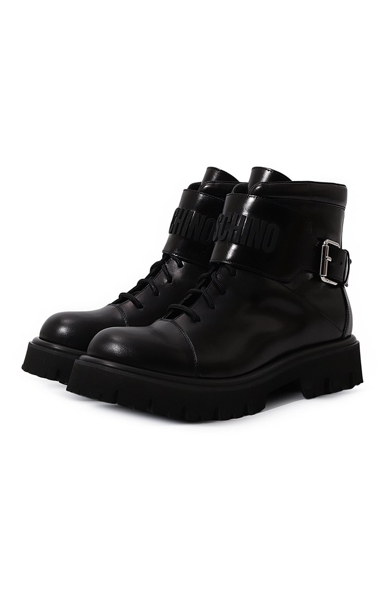 Мужские кожаные ботинки MOSCHINO черного цвета, арт. MB24384G1H/GB5 | Фото 1 (Мужское Кросс-КТ: Ботинки-обувь; Материал внутренний: Натуральная кожа; Материал сплава: Проставлено; Материал утеплителя: Без утеплителя; Подошва: Массивная; Драгоценные камни: Проставлено)
