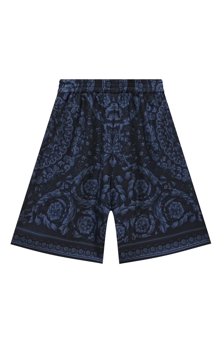Детские шелковые шорты VERSACE темно-синего �цвета, арт. 1013846/1A09670/8A-14A | Фото 2 (Материал внешний: Шелк; Нос: Не проставлено; Случай: Повседневный; Автоматизация состава: Проставлено; Ростовка одежда: 8 лет | 128 см, 12 лет | 152 см, 16 лет | 164 см, 10 - 11 лет | 140 - 146см)