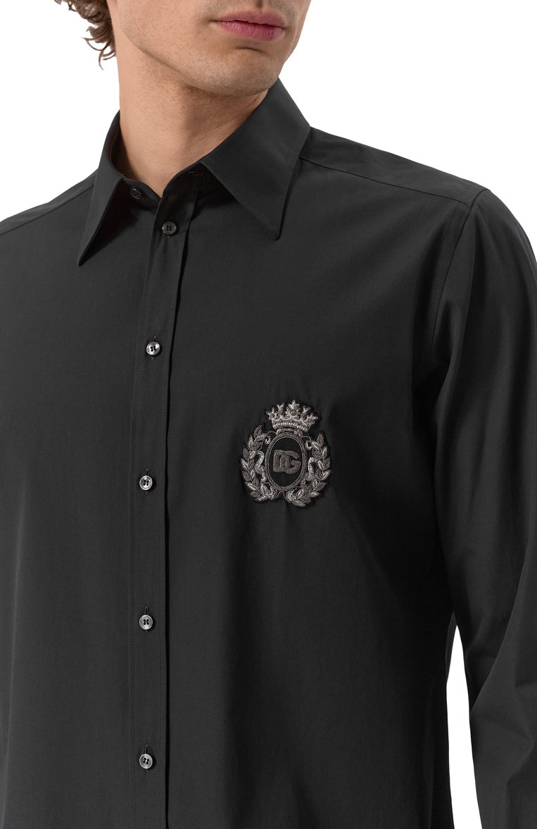 Мужская хлопковая рубашка DOLCE & GABBANA черного цвета, арт. G5ML1Z/GI757 | Фото 5 (Длина (для топов): Стандартные; Материал внешний: Хлопок; Рукава: Длинные; Случай: Вечерний, Повседневный; Рубашки М: Regular Fit; Воротник: Кент; Принт: Однотонные; Манжеты: Под запонки; Стили: Кэжуэл; Автоматизация состава: Проставлено; Автоматизация ТО: Проставлено; Размерность: Идёт в размер; Детали: Декор)