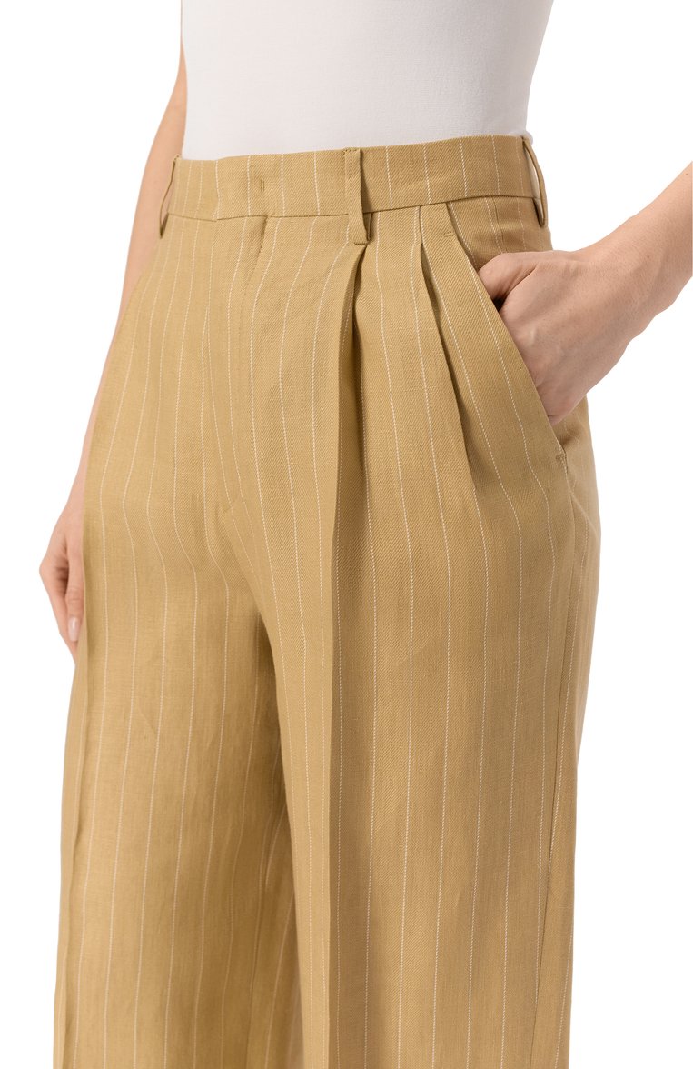 Женские льняные брюки TAGLIATORE 0205 бежевого цвета, арт. P-EB0NY/340252 | Фото 5 (Материал внешний: Лен; Случай: Формальный; Женское Кросс-КТ: Брюки-одежда; Силуэт Ж (брюки и джинсы): Широкие; Кросс-КТ: костюм; Стили: Классический; Длина (брюки, джинсы): Стандартные)