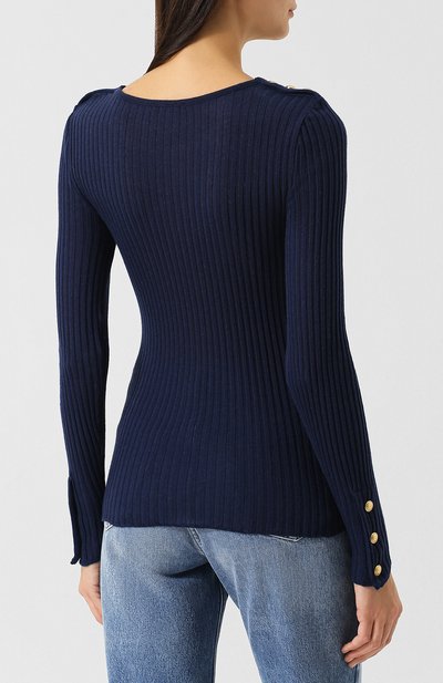 Однотонный хлопковый пуловер с круглым вырезом BALMAIN синего цвета по цене 89900 руб., арт. 148525/J012, фото 4 Однотонный хлопковый пуловер с круглым вырезом BALMAIN, арт. 148525/J012, фото 4
