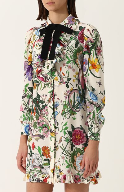 Шелковое мини-платье с принтом и контрастным бантом GUCCI, арт. 476100/ZJP71, фото 3