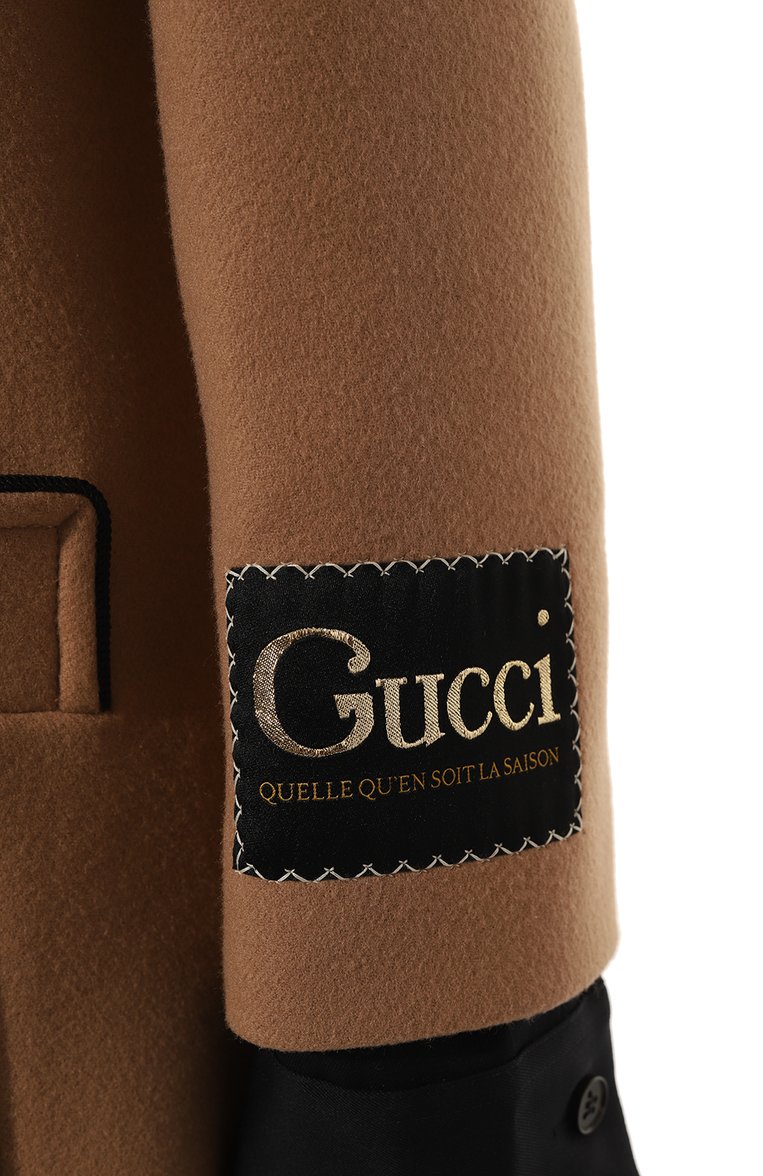 Женское шерстяное пальто GUCCI коричневого цвета, арт. 652015 ZAAL6 | Фото 5 (Рукава: Длинные; Материал внешний: Шерсть; Длина (верхняя одежда): До колена; 1-2-бортные: Однобортные; Стили: Кэжуэл)