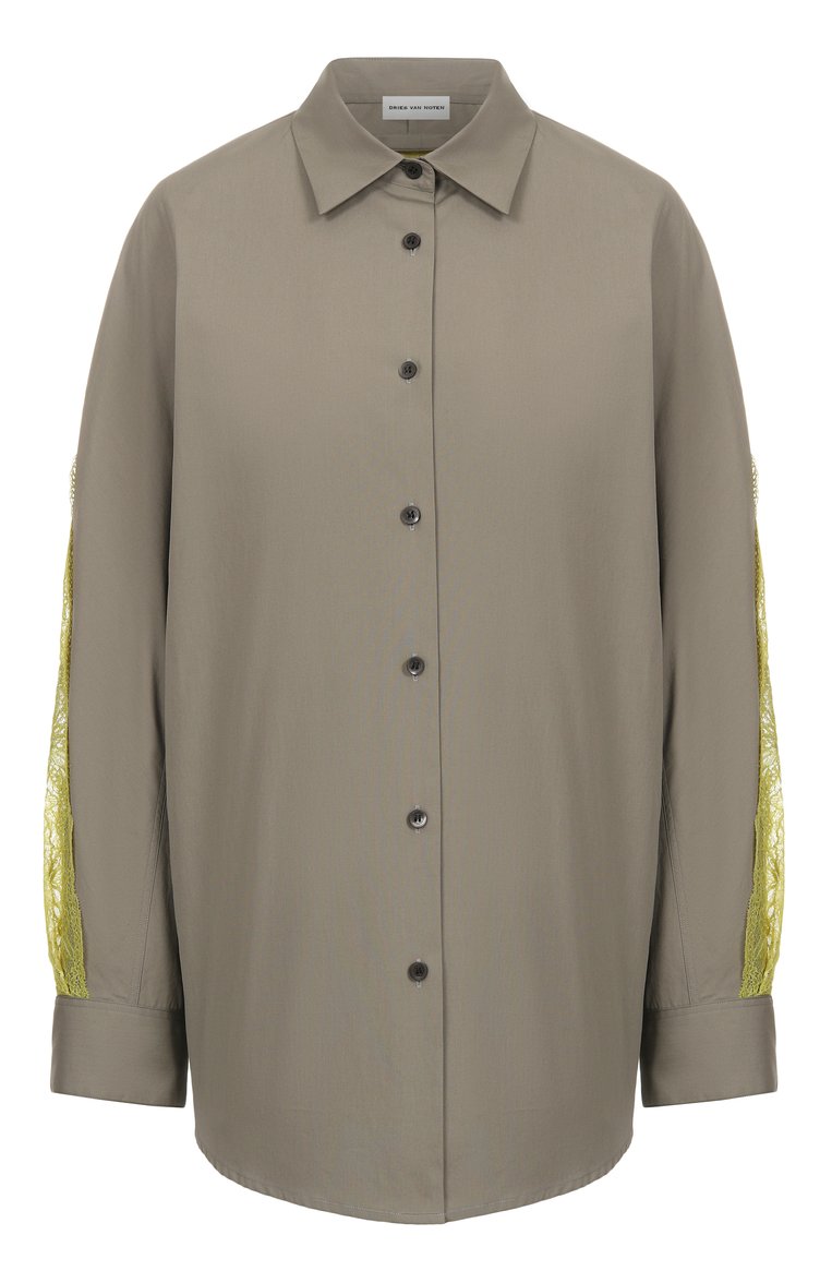 Женская хлопковая рубашка DRIES VAN NOTEN хаки цвета, арт. 251-010753-1374 | Фото 1 (Материал внешний: Хлопок; Принт: Без принта; Рукава: Длинные; Стили: Кэжуэл; Длина (для топов): Удлиненные; Женское Кросс-КТ: Рубашка-одежда; Автоматизация состава: Проставлено; Автоматизация ТО: Проставлено)