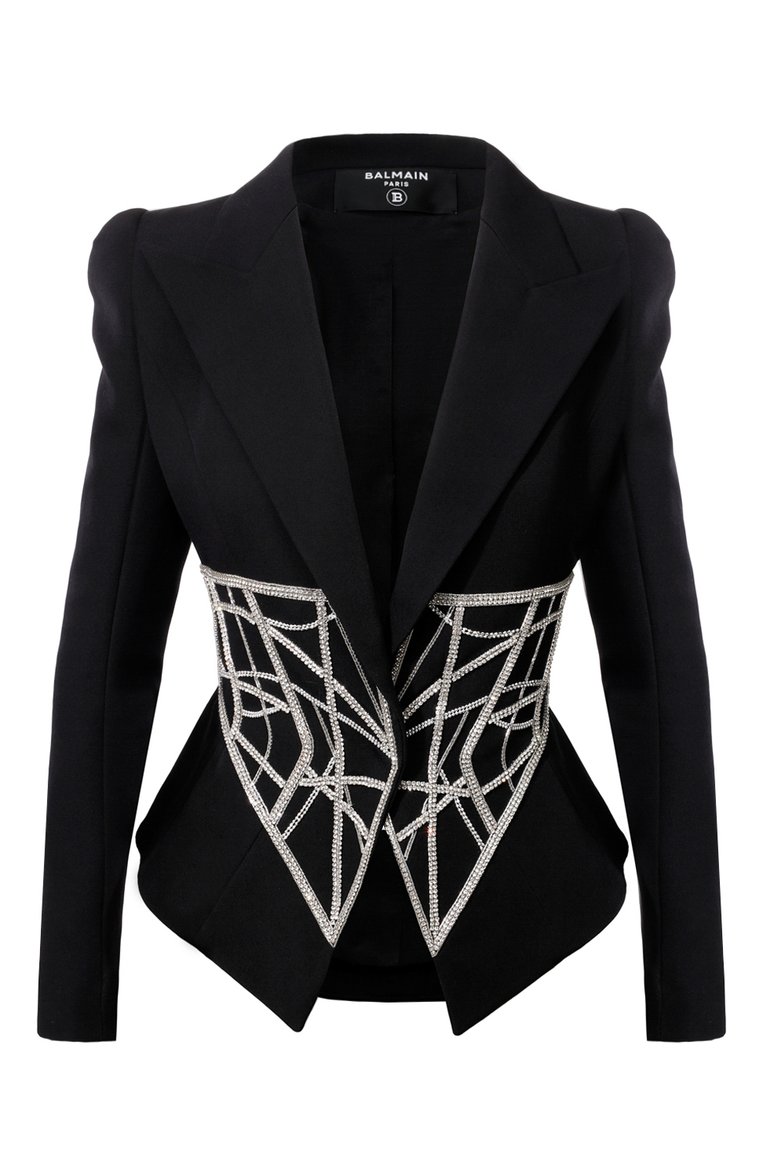 Женский шерстяной жакет BALMAIN черного цвета, арт. AF0SE007PB85 | Фото 1 (Материал подклада: Вискоза; Материал внешний: Шерсть; Рукава: Длинные; Длина (для топов): Стандартные; Женское Кросс-КТ: Жакет-одежда; Случай: Вечерний; Стили: Гламурный; 1-2-бортные: Однобортные)