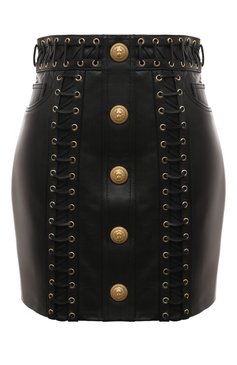 Женская кожаная юбка BALMAIN черного цвета, арт. AF0LB840LB24 | Фото 1 (Материал внешний: Натуральная кожа; Длина Ж (юбки, платья, шорты): Мини; Материал сплава: Проставлено; Драгоценные камни: Проставлено; Женское Кросс-КТ: Юбка-одежда; Стили: Гранж)