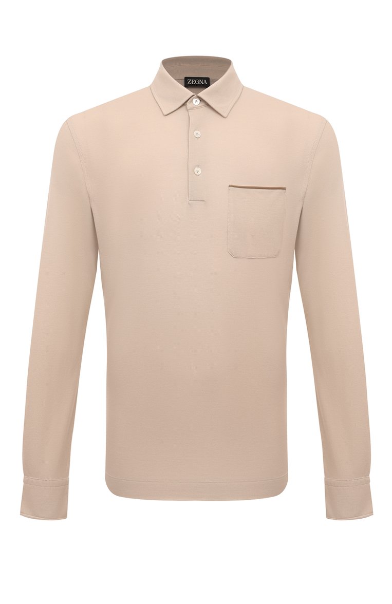 Мужское хлопковое поло ZEGNA бежевого цвета, арт. UD392A7/D757 | Фото 1 (Длина (для топов): Стандартные; Рукава: Длинные; Материал в�нешний: Хлопок; Застежка: Пуговицы; Стили: Кэжуэл; Принт: Без принта; Мужское Кросс-КТ: Футболка-одежда)