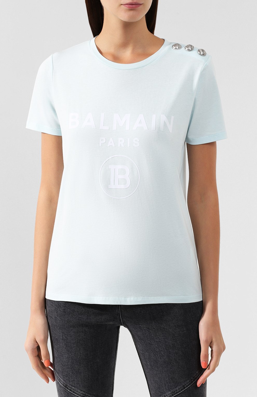 Хлопковая футболка BALMAIN голубого цвета по цене 35250 руб., арт. SF21362/I240, фото 3 Хлопковая футболка BALMAIN, арт. SF21362/I240, фото 3