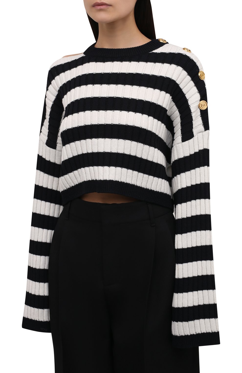 Шерстяной свитер BALMAIN черно-белого цвета по цене 118500 руб., арт. WF0KA030/K317, фото 3 Шерстяной свитер BALMAIN, арт. WF0KA030/K317, фото 3