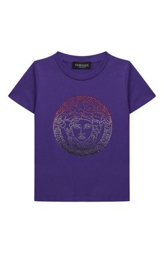 Детская хлопковая футболка VERSACE фиолетового цвета, арт. 1000052/1A08431/4A-6A | Фото 1 (Девочки Кросс-КТ: футболка-одежда; Рукава: Короткие; Материал сплава: Проставлено; Материал внешний: Хлопок; Драгоценные камни: Проставлено)