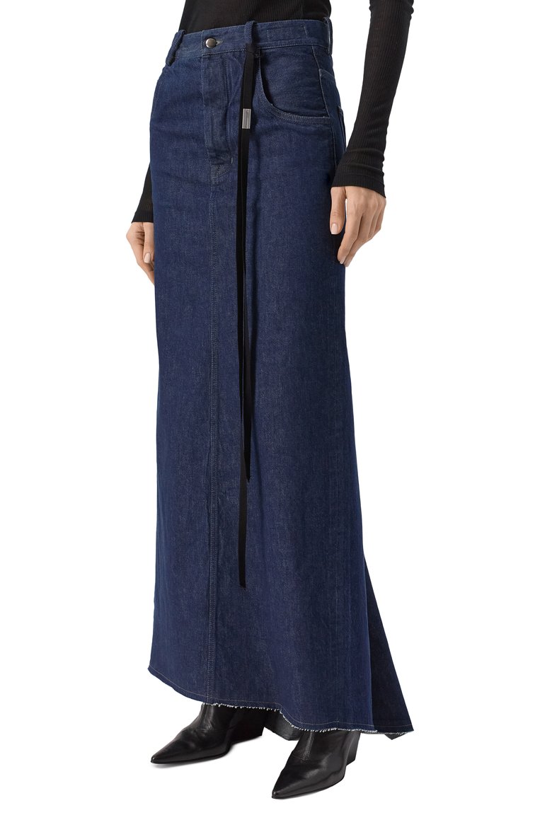Женская джинсовая юбка ANN DEMEULEMEESTER темно-синего цвета, арт. B0010214/FA586 | Фото 3 (Материал внешний: Хлопок, Деним; Длина Ж (юбки, платья, шорты): Макси; Стили: Кэжуэл; Кросс-КТ: Деним; Автоматизация состава: Проставлено; Автоматизация ТО: Проставлено)