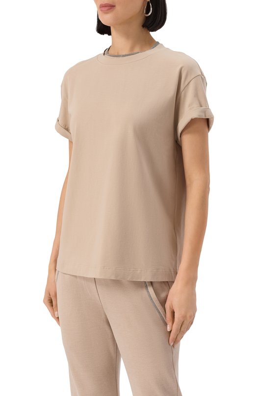 Хлопковая футболка Brunello Cucinelli MPT18BD200 Бежевый  MPT18BD200 Фото 3