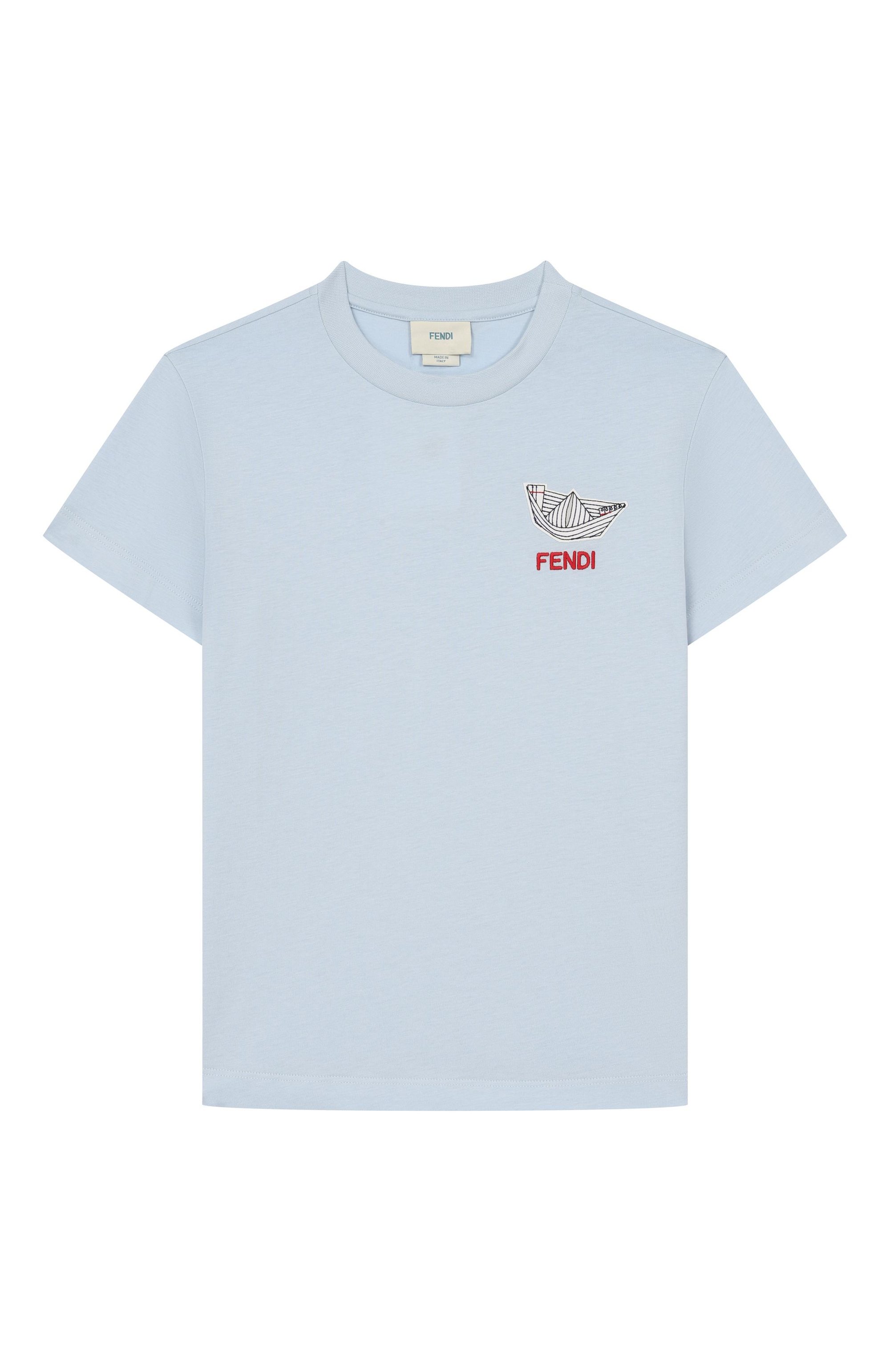 Хлопковая футболка FENDI голубого цвета по цене 29800 руб., арт. JMI517/7AJ_001, фото 1 Хлопковая футболка FENDI, арт. JMI517/7AJ_001, фото 1