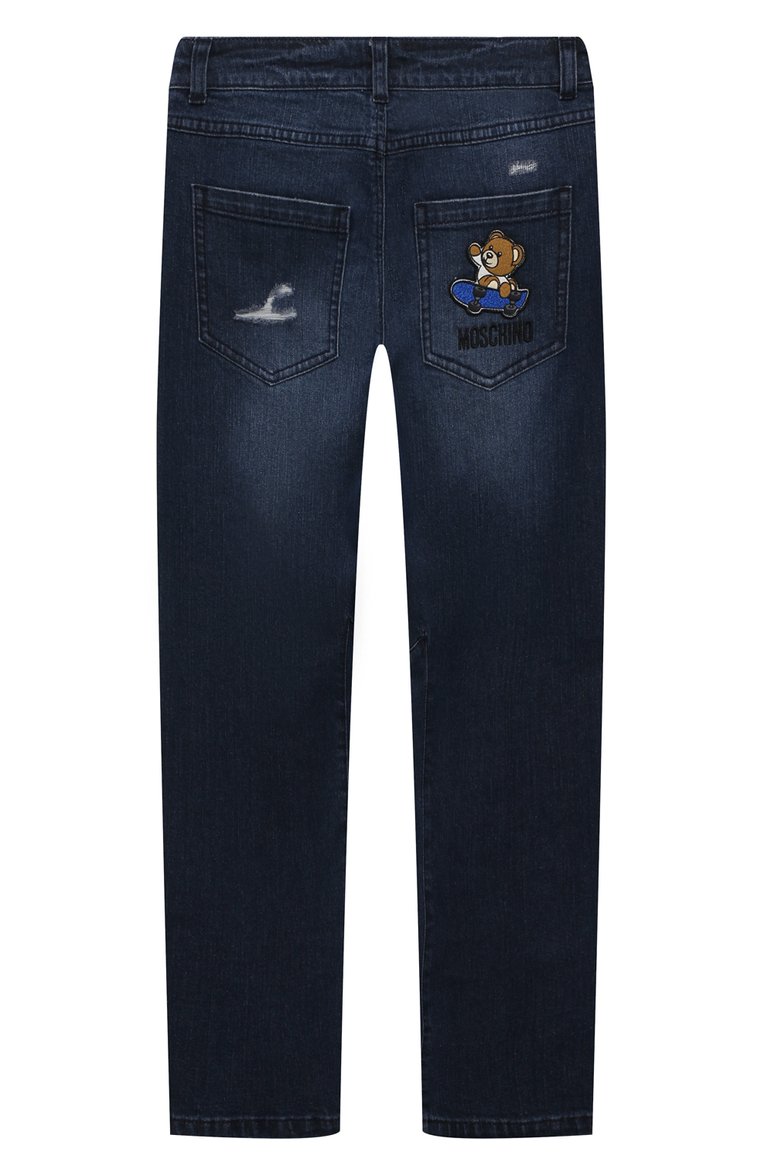 Детские джинсы MOSCHINO синего цвета, арт. HUP062/LXE50/10A-14A | Фото 2 (Материал сплава: Проставлено; Нос: Не проставлено; Материал внешний: Хлопок; Детали: Потертости)