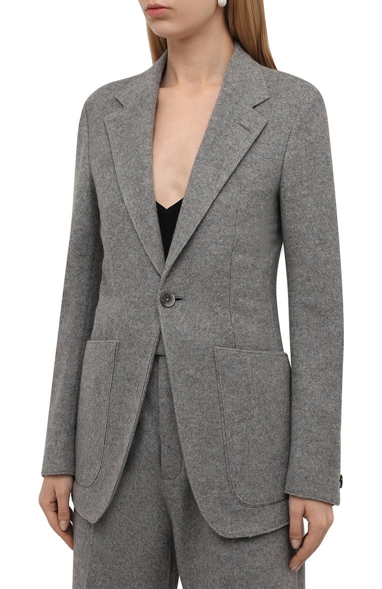 Женский жакет из кашемира и шерсти ZEGNA серого цвета, арт. 287146/1D2CN0 | Фото 3 (Рукава: Длинные; Материал подклада: Купро; Материал внешний: Кашемир, Шерсть; Длина (для топов): Удлиненные; Случай: Повседневный; 1-2-бортные: Однобортные; Женское Кросс-КТ: Жакет-одежда; Материал сплава: Проставлено; Драгоценные камни: Проставлено)