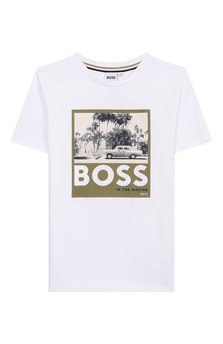 Детская хлопковая футболка BOSS белого цвета, арт. J52032 | Фото 1 (Материал сплава: Проставлено; Драгоценные камни: Проставлено; Рукава: Короткие; Материал внешний: Хлопок)