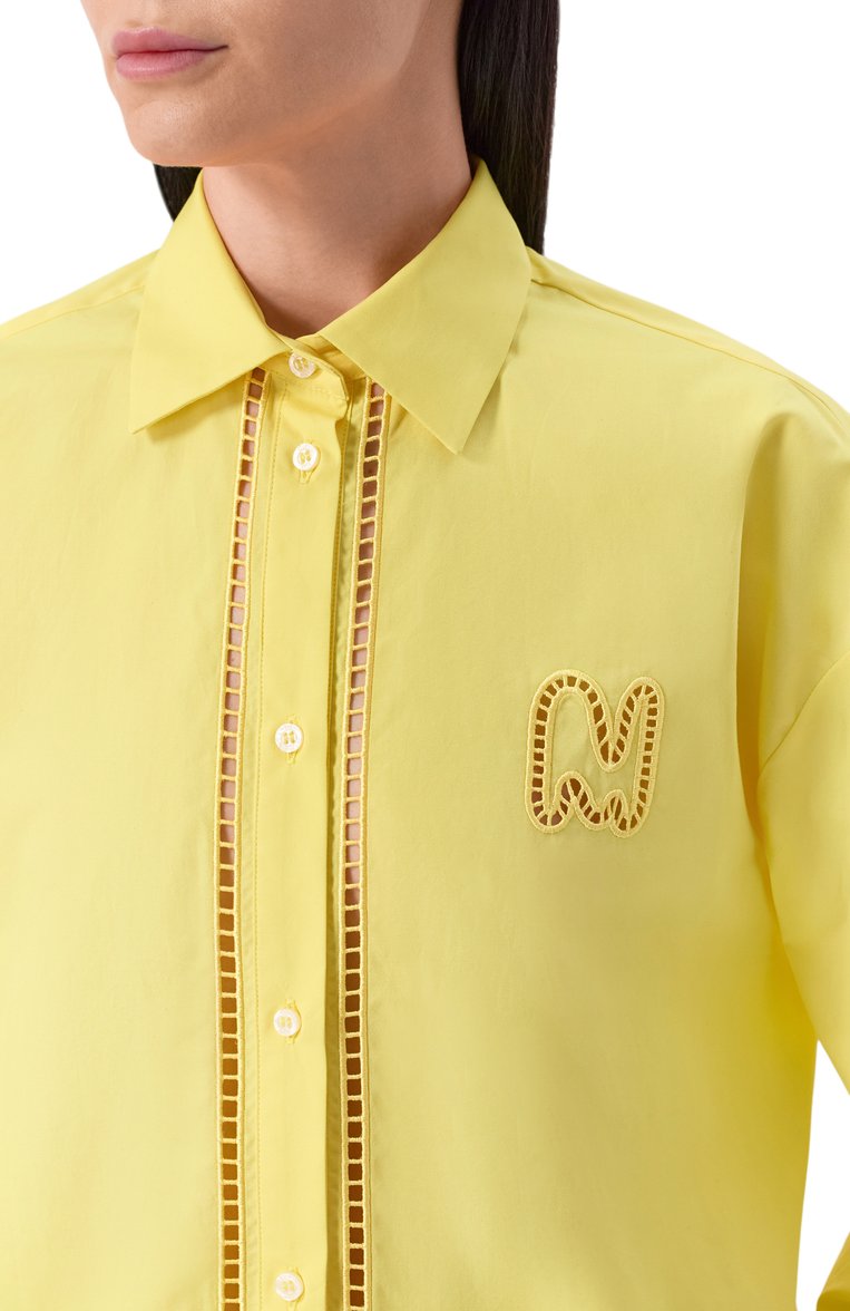 Женская хлопковая рубашка MSGM желтого цвета, арт. 3841MDE10X/257100 | Фото 5 (Рукава: Длинные; Материал внешний: Хлопок; Длина (для топов): Удлиненные; Женское Кросс-КТ: Рубашка-одежда; Принт: Без принта; Стили: Кэжуэл; Автоматизация ТО: Проставлено; Автоматизация состава: Проставлено; Детали: Декор)