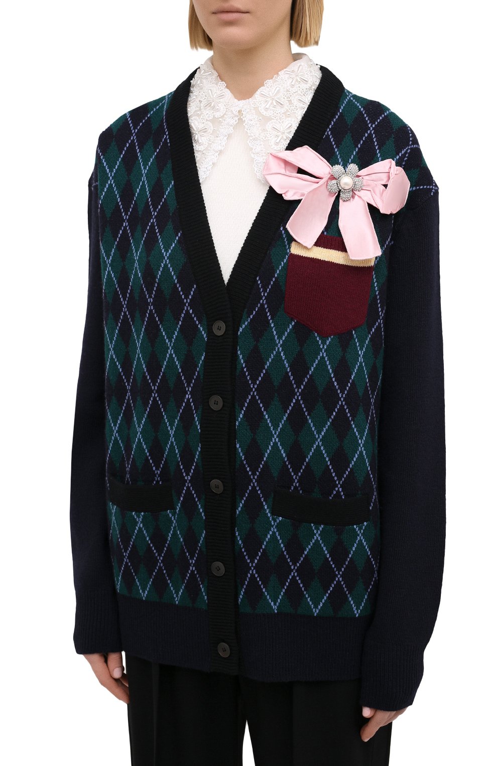 Шерстяной кардиган MIU MIU темно-зеленого цвета по цене 105000 руб., арт. MMF306-1ML4-F0422, фото 3 Шерстяной кардиган MIU MIU, арт. MMF306-1ML4-F0422, фото 3