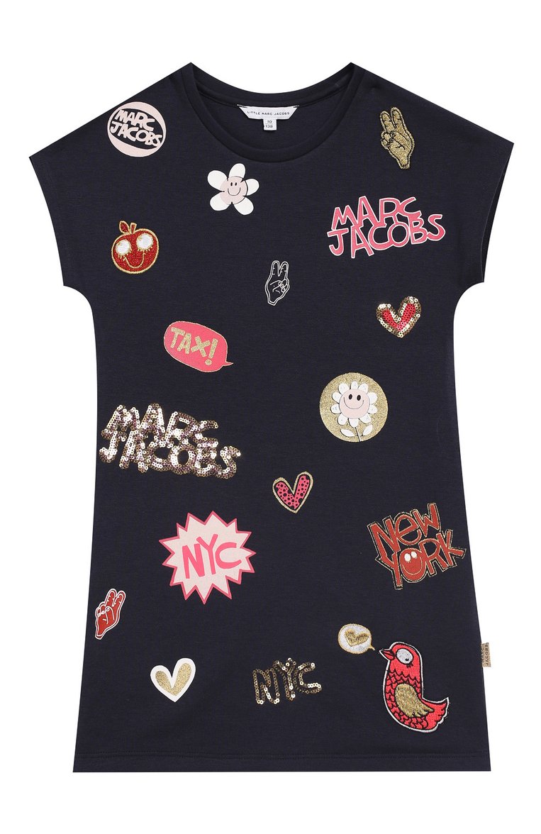 Детское мини-платье MARC JACOBS (THE) синего цвета, арт. W12267/6A-12A | Фото 1 (Рукава: Короткие; Материал внешний: Синтетический материал, Хлопок, Вискоза; Материал подклада: Синтетический материал, Хлопок; Случай: Повседневный; Девочки Кросс-КТ: Платье-одежда; Статус проверки: Проверена категория; Материал сплава: Проставлено; Драгоценные камни: Проставлено; Ростовка одежда: 5 лет | 110 см, 7 лет | 122 см, 9 лет | 134 см, 12 лет | 152 см)