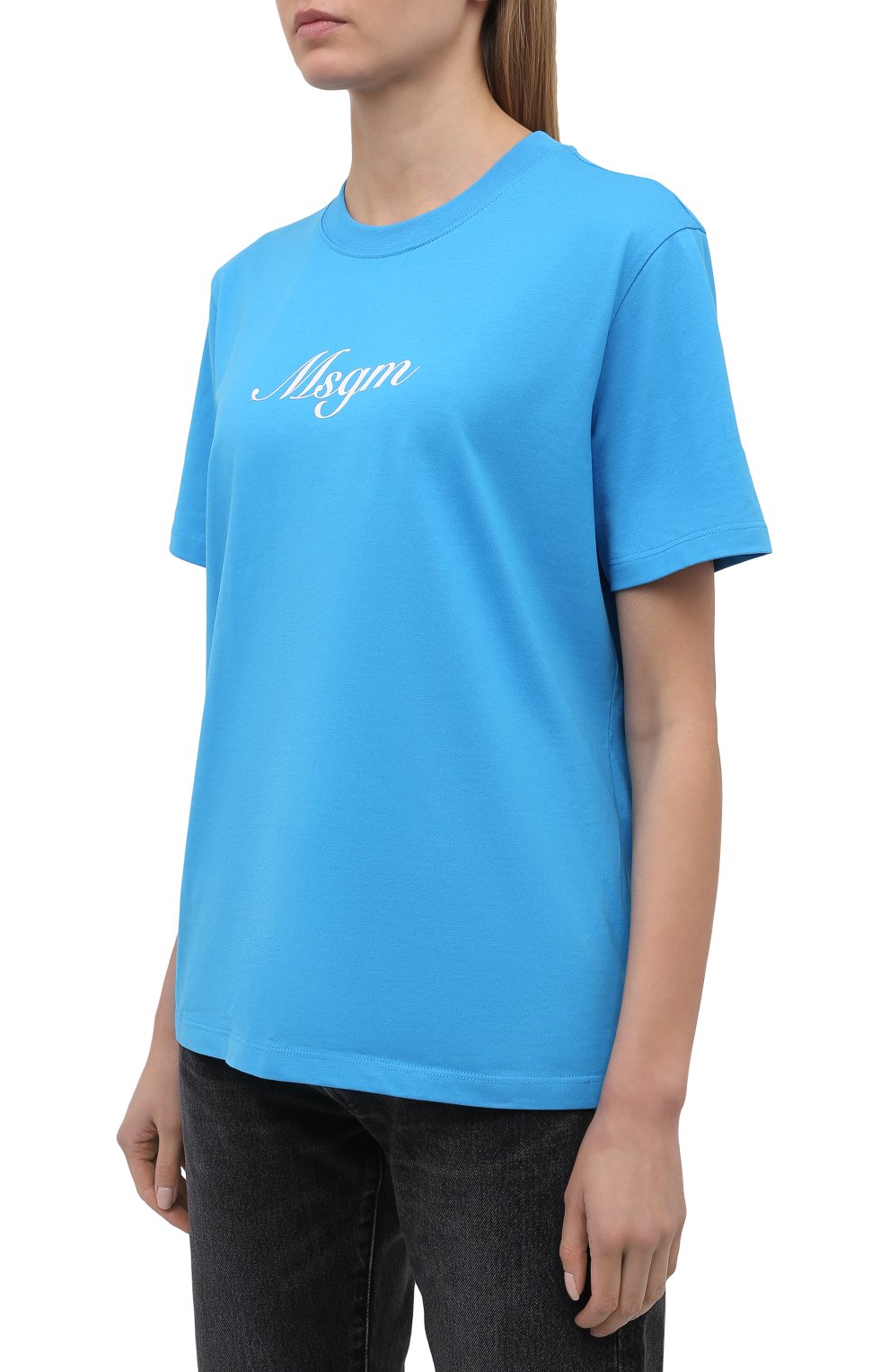 Хлопковая футболка MSGM голубого цвета по цене 11200 руб., арт. 3042MDM207 217498, фото 3 Хлопковая футболка MSGM, арт. 3042MDM207 217498, фото 3