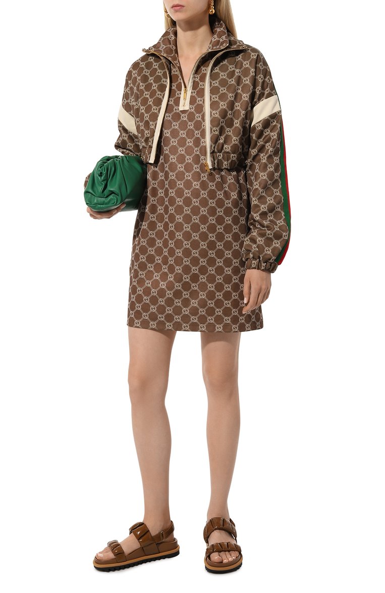 Женское платье GUCCI коричневого цвета, арт. 678689/XJD1G | Фото 2 (Материал внешний: Хлопок, Синтетический материал; Рукава: Длинные; Длина Ж (юбки, платья, шорты): Мини; Женское Кросс-КТ: Платье-одежда; Стили: Кэжуэл; Случай: Повседневный)