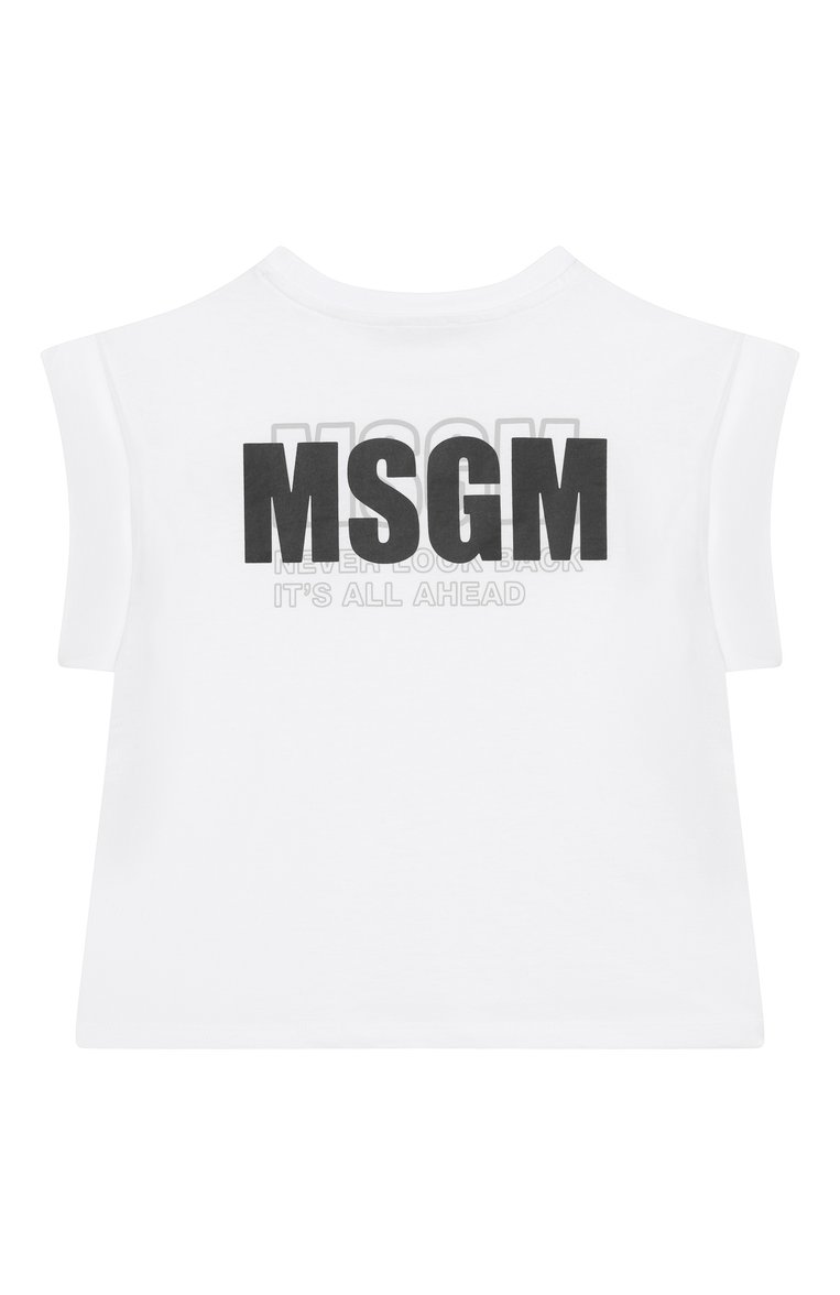 Детская хлопковая футболка MSGM KIDS белого цвета, арт. S5MSJGTH083 | Фото 2 (Материал внешний: Хлопок; Рукава: Короткие; Девочки Кросс-КТ: Футболка-спорт, футболка-одежда; Ростовка одежда: 10 - 11 лет | 140 - 146см, 6 лет | 116 см, 12 лет | 152 см, 8 лет | 128 см, 16 лет | 164 см)