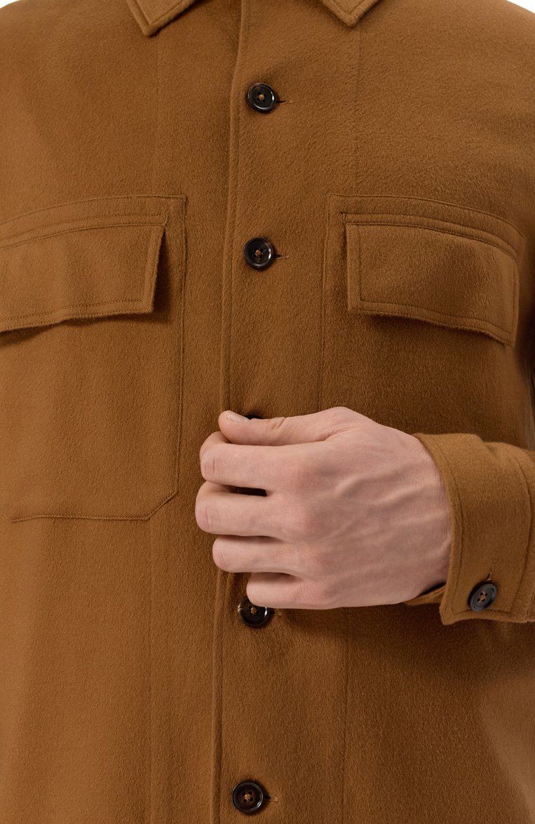 Мужская кашемировая куртка-рубашка ZEGNA коричневого цвета, арт. S0T6B/E8V46 | Фото 5 (Материал подклада: Синтетический материал; Рукава: Длинные; Материал внешний: Шерсть, Кашемир; Длина (верхняя одежда): Короткие; Мужское Кросс-КТ: Куртка-рубашка, шерсть и кашемир; Кросс-КТ: Легкие; Стили: Кэжуэл)