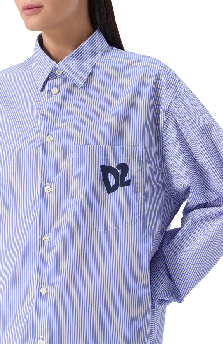 Женская хлопковая рубашка DSQUARED2 голубого цвета, арт. S73DL0280/D35285 | Фото 5 (Автоматизация состава: Проставлено; Рукава: Длинные; Автоматизация ТО: Проставлено; Длина (для топов): Удлиненные; Материал внешний: Хлопок; Женское Кросс-КТ: Рубашка-одежда; Принт: Полоска, С принтом; Детали: Без декора; Стили: Классический)