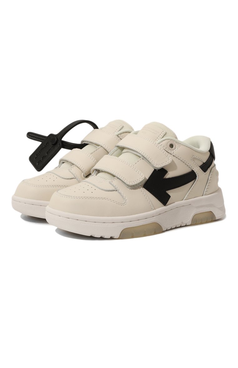 Детские кожаные кеды OFF-WHITE кремового цвета, арт. 0BIA008S24LEA001/28-34 | Фото 1 (Материал внутренний: Текстиль; Нос: Не проставлено; Кросс-КТ: велькро; Мальчики Кросс-КТ: Обувь-низкие; Материал внешний: Натуральная кожа)