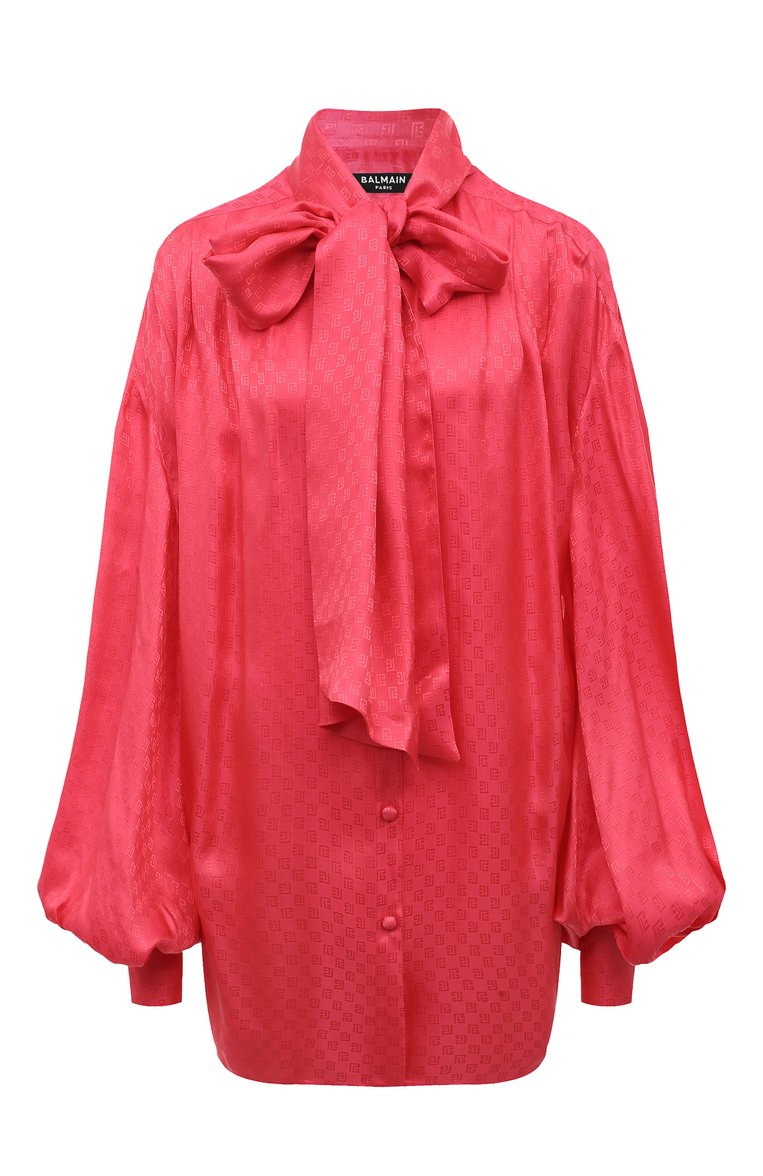 Женская блузка из шелка и вискозы BALMAIN фуксия цвета, арт. BF0HT020SD08 | Фото 1 (Материал внешний: Вискоза, Шелк; Рукава: Длинные; Длина (для топов): Удлиненные; Стили: Романтичный; Женское Кросс-КТ: Блуза-одежда; Принт: Без принта)