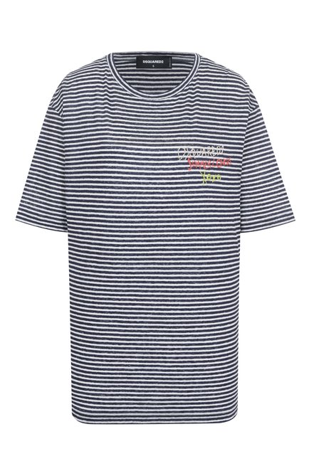 Женская льняная футболка DSQUARED2 синего цвета, арт. S73GC0296/S23601 | Фото 1 (Рукава: Короткие; Длина (для топов): Стандартные; Драгоценные камни: Проставлено; Материал внешний: Лен; Материал сплава: Проставлено)