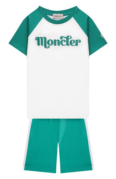 Комплект из футболки и шорт MONCLER зеленого цвета по цене 23450 руб., арт. G1-954-8M747-20-83907/12-14A, фото 1 Комплект из футболки и шорт MONCLER, арт. G1-954-8M747-20-83907/12-14A, фото 1
