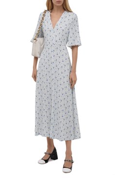 Женское платье из вискозы MIU MIU светло-голубого цвета, арт. MF4438-1Z72-F0M10 | Фото 2 (Материал внешний: Вискоза; Длина Ж (юбки, платья, шорты): Миди; Стили: Романтичный; Случай: Повседневный; Женское Кросс-КТ: Платье-одежда; Рукава: Короткие; Драгоценные камни: Проставлено; Материал сплава: Проставлено)