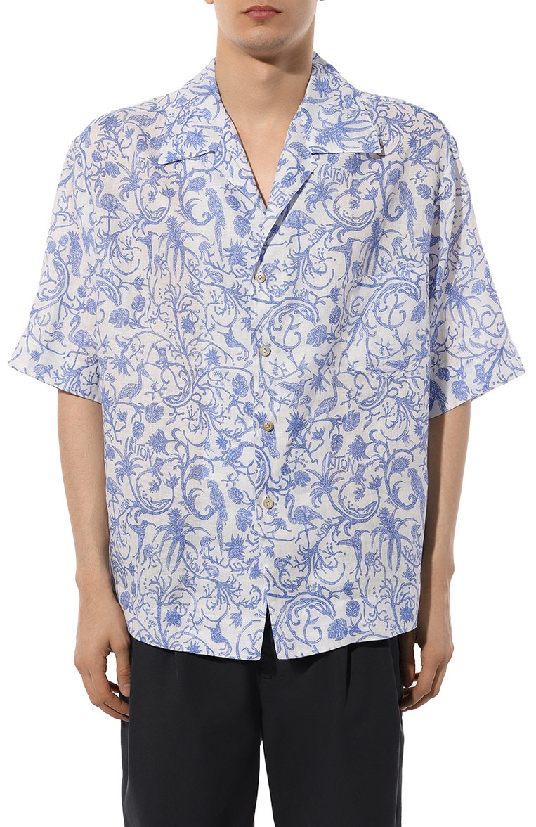Мужская льняная рубашка KITON синего цвета, арт. UMC028H08902 | Фото 3 (Рукава: Короткие; Длина (для топов): Стандартные; Материал внешний: Лен; Воротник: Отложной; Случай: Повседневный; Принт: С принтом; Стили: Кэжуэл; Автоматизация ТО: Проставлено; Автоматизация состава: Проставлено)