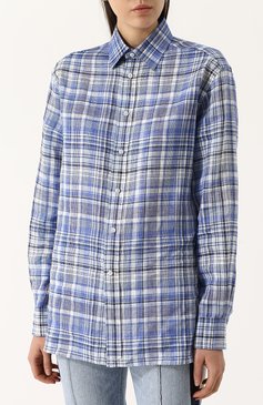 Женская льняная блуза свободного кроя в клетку RALPH LAUREN синего цвета, арт. 290707940 | Фото 3 (Рукава: Длинные; Материал внешний: Лен; Женское Кросс-КТ: Блуза-одежда; Принт: Клетка, С принтом; Длина (для топов): Удлиненные; Стили: Кэжуэл; Материал сплава: Проверено, Проставлено; Драгоценные камни: Проставлено)