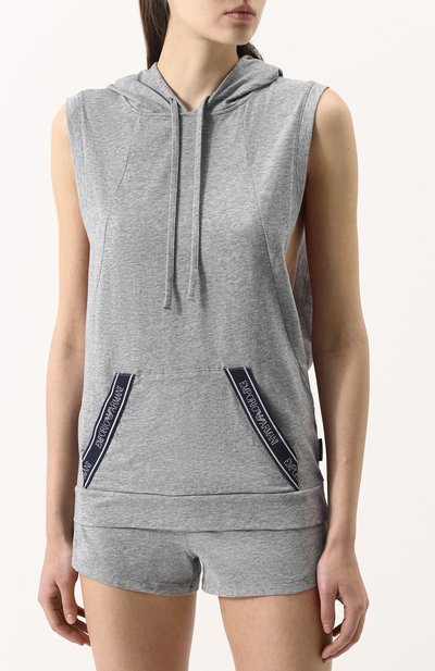 Хлопковый топ с капюшоном EMPORIO ARMANI серого цвета по цене 8345 руб., арт. 163999/8P317, фото 3 Хлопковый топ с капюшоном EMPORIO ARMANI, арт. 163999/8P317, фото 3