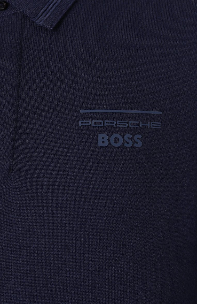 Мужское шерстяное поло boss x porsche BOSS темно-синего цвета, арт. 50531172 | Фото 6 (Материал внешний: Шерсть; Рукава: Длинные; Длина (для топов): Стандартные; Кросс-КТ: Трикотаж; Принт: Без принта; Стили: Кэжуэл; Застежка: Пуговицы)