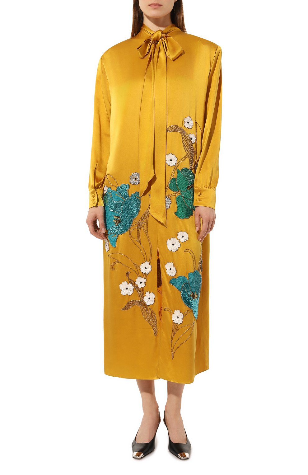 Атласное платье GUCCI горчичного цвета по цене 835200 руб., арт. 576691 ZAB5T, фото 3 Атласное платье GUCCI, арт. 576691 ZAB5T, фото 3
