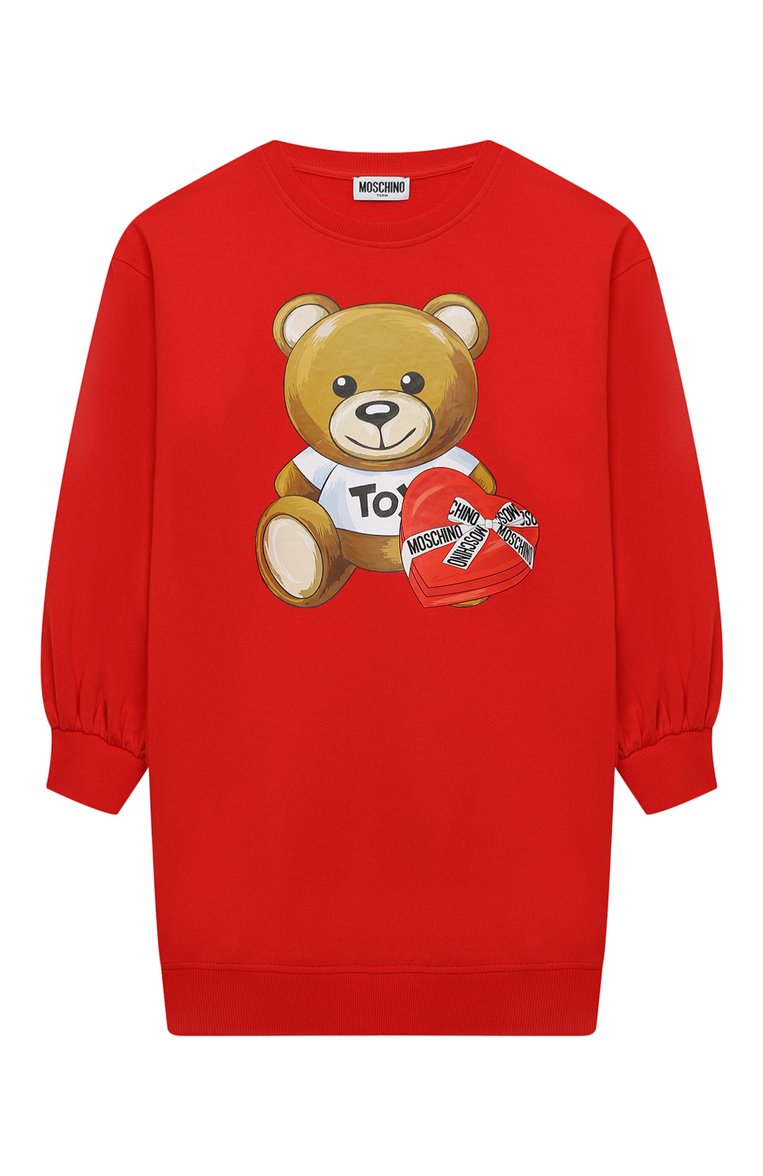 Детское хлопковое платье MOSCHINO красного цвета, арт. HDV096/LDA16/4A-8A | Фото 1 (Материал внешний: Хлопок; Рукава: Длинные; Случай: Повседневный; Девочки Кросс-КТ: Платье-одежда; Драгоценные камни: Проставлено; Материал сплава: Проставлено)