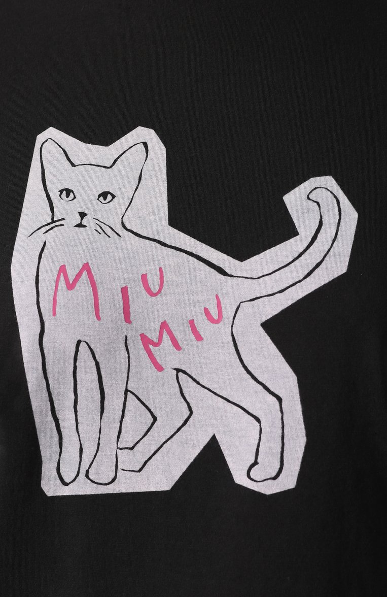 Женская хлопковая футболка MIU MIU черного цвета, арт. MJN167-1WAR-F0002 | Фото 5 (Рукава: Короткие; Длина (для топов): Стандартные; Материал внешний: Хлопок; Стили: Кэжуэл; Принт: С принтом)