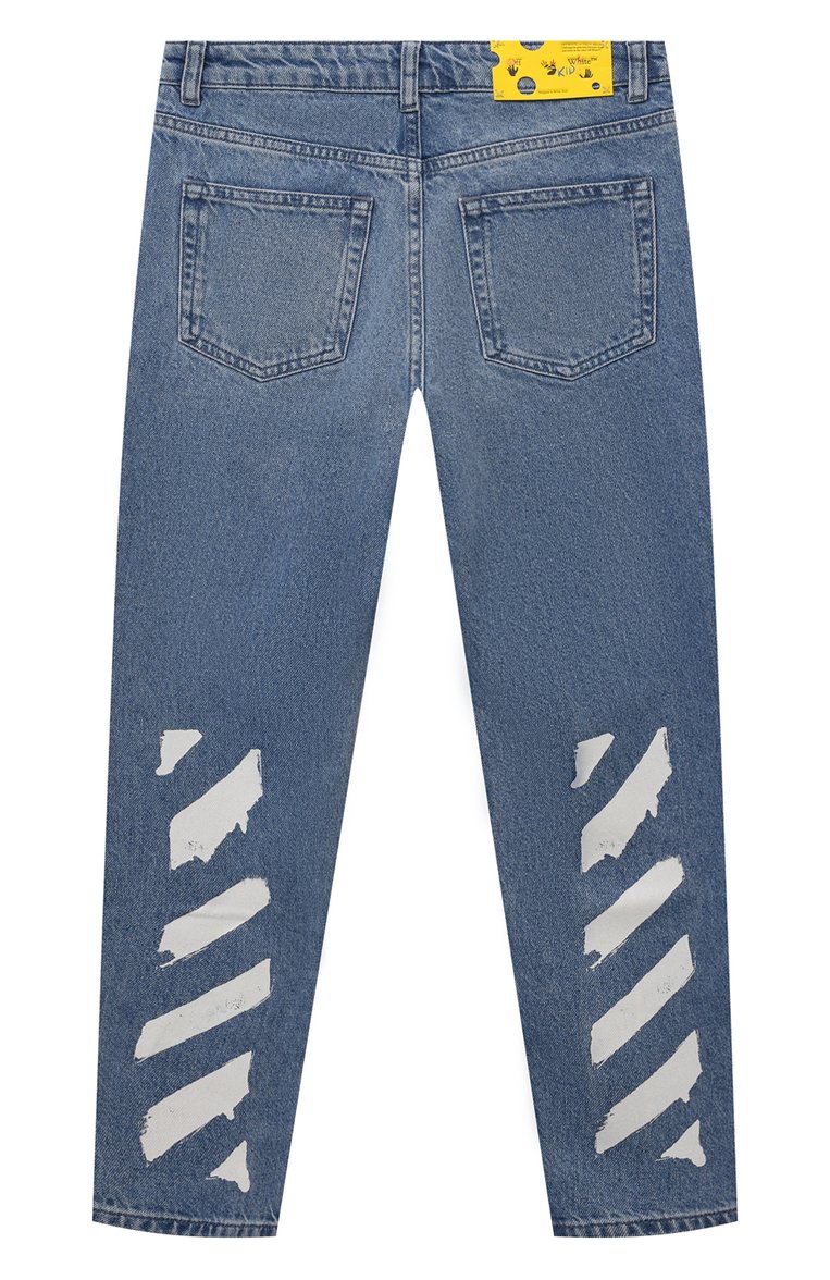 Детские джинсы OFF-WHITE голубого цвета, арт. 0BYA001S24DEN001/12-12+ | Фото 2 (Материал сплава: Проставлено; Нос: Не проставлено; Материал внешний: Хлопок; Детали: Декор, Потертости; Ростовка одежда: 12 лет | 152 см)