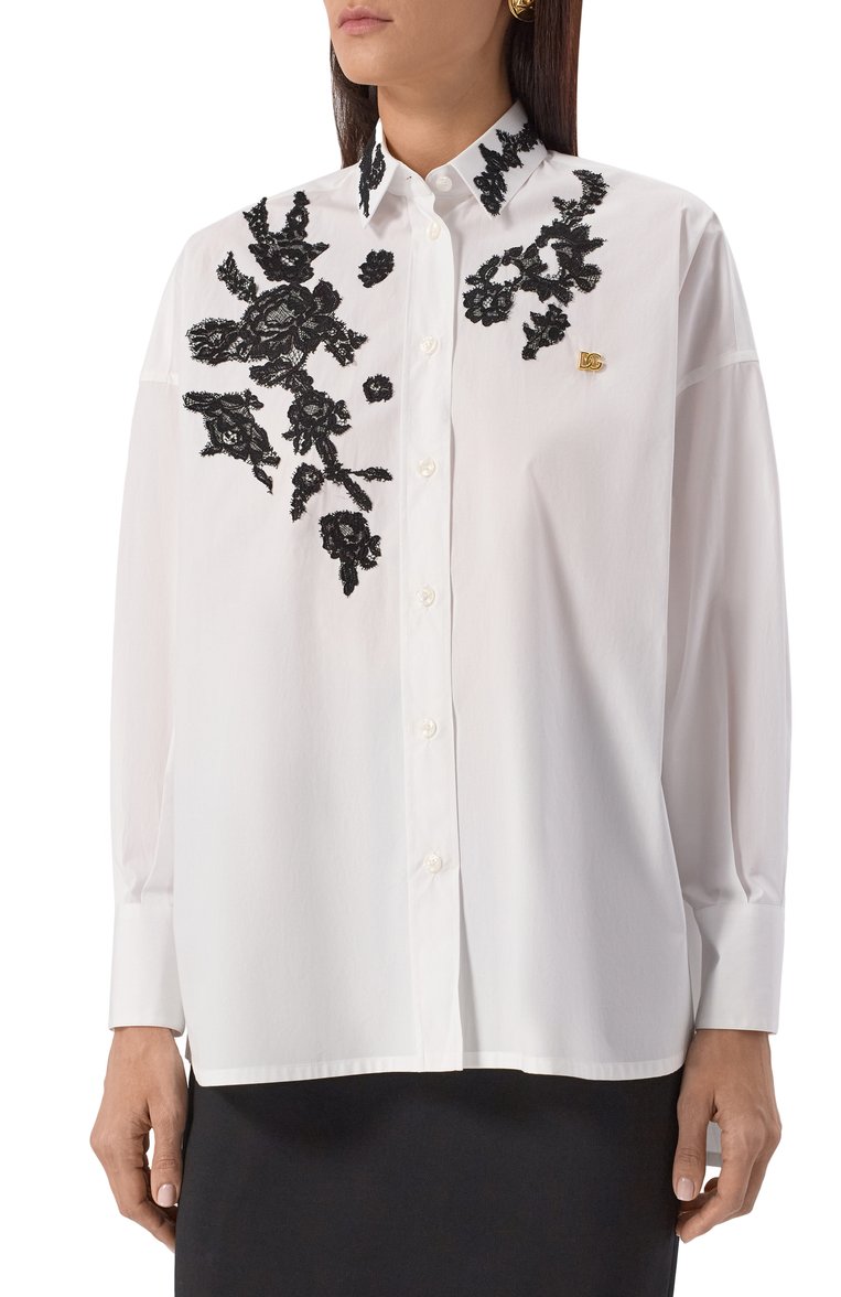 Женская хлопковая рубашка DOLCE & GABBANA белого цвета, арт. F5T39T/GDB80 | Фото 3 (Рукава: Длинные; Материал внешний: Хлопок; Длина (для топов): Удлиненные; Женское Кросс-КТ: Рубашка-одежда; Принт: Без принта; Стили: Классический; Размерность: Товар большемерит; Автоматизация ТО: Проставлено; Автоматизация состава: Проставлено)