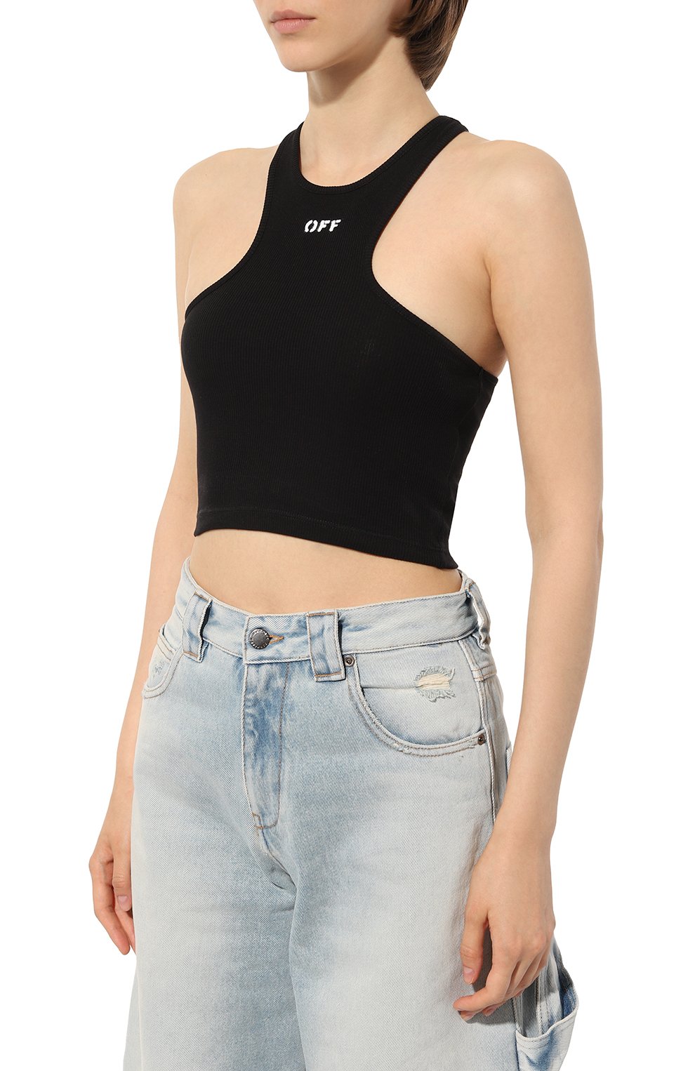 Хлопковый топ OFF-WHITE черного цвета по цене 26150 руб., арт. OWAD086C99JER0011001, фото 3 Хлопковый топ OFF-WHITE, арт. OWAD086C99JER0011001, фото 3