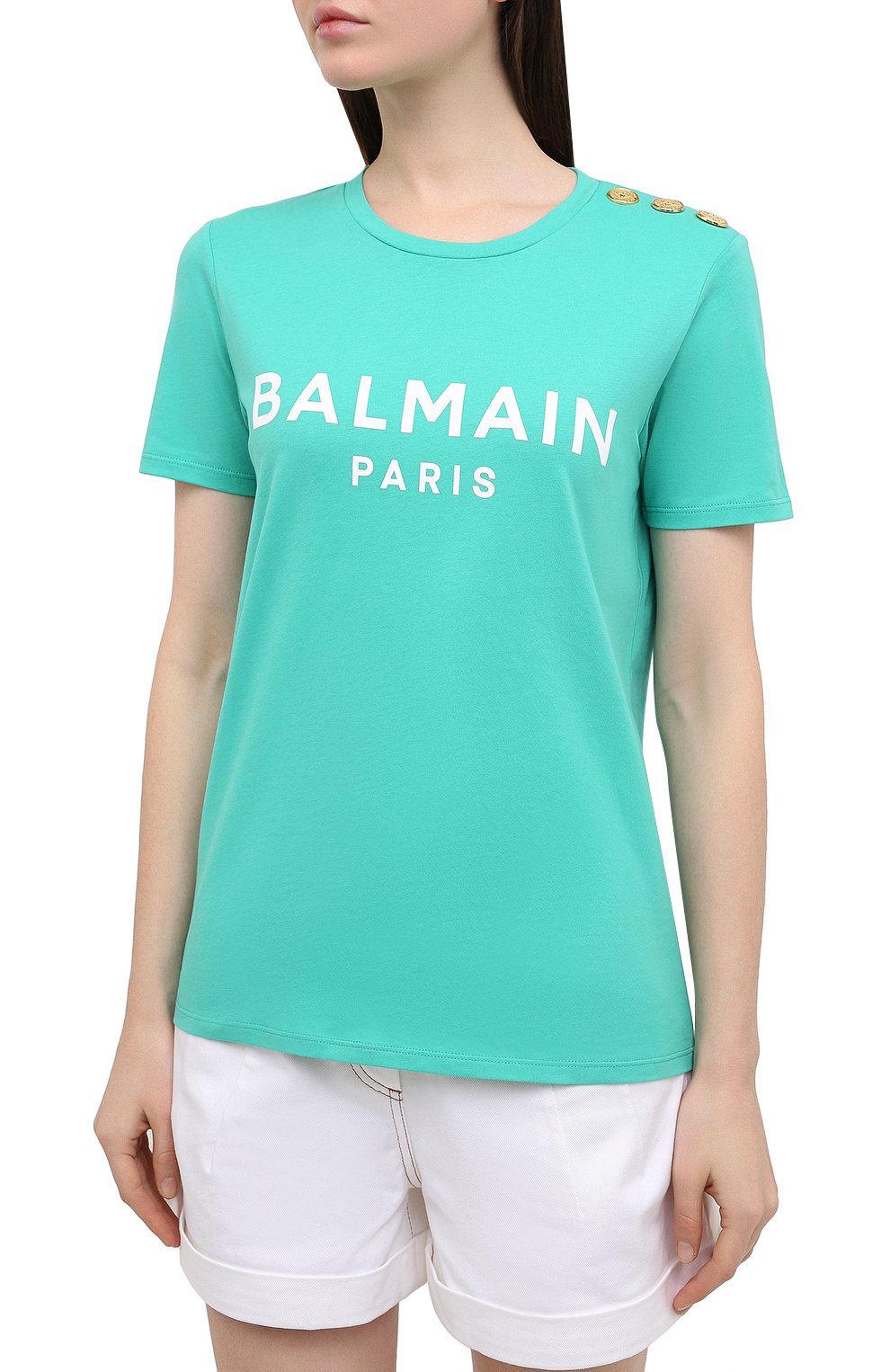 Хлопковая футболка BALMAIN бирюзового цвета по цене 35250 руб., арт. VF11350/B001, фото 3 Хлопковая футболка BALMAIN, арт. VF11350/B001, фото 3