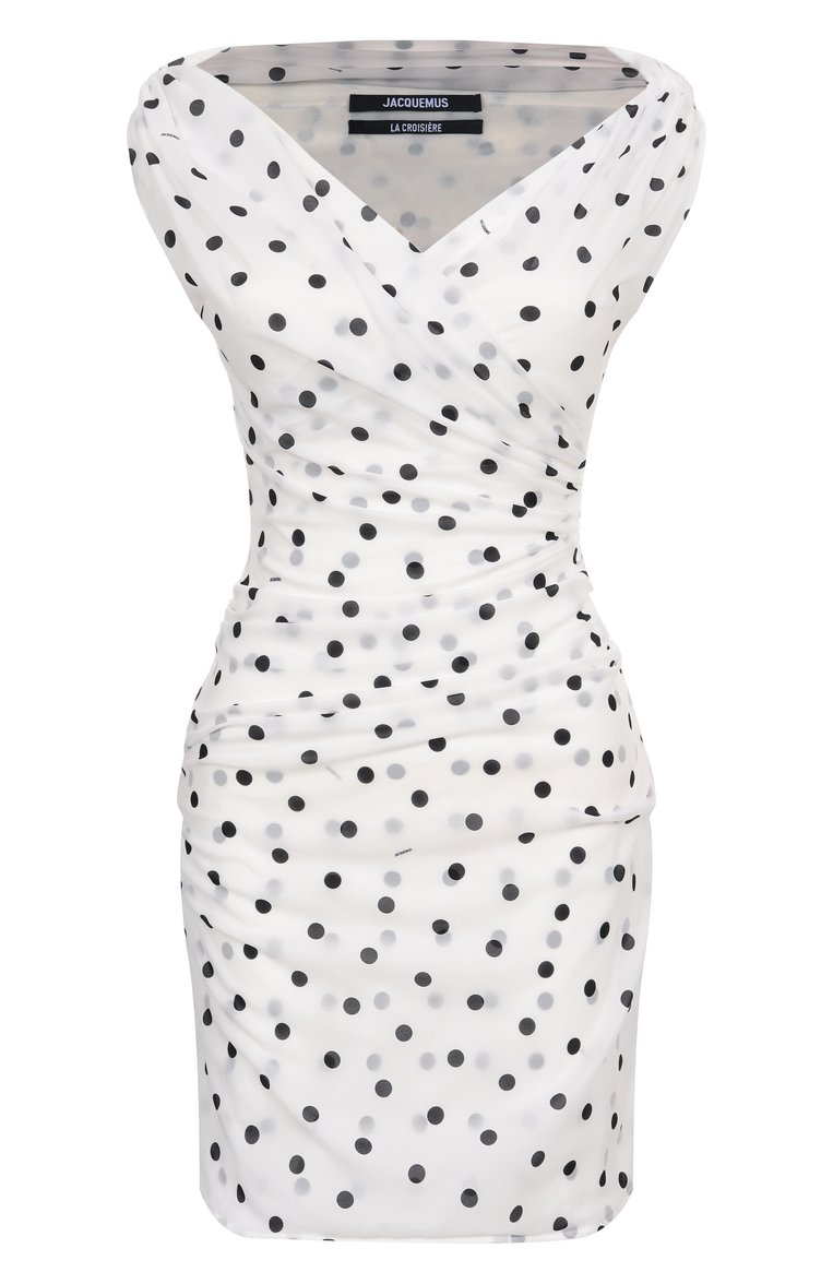 Женское платье JACQUEMUS белого цвета, арт. 25E251DR226/1780 | Фото 1 (Материал внешний: Синтетический материал, Шелк; Автоматизация состава: Проставлено; Автоматизация ТО: Проставлено; Длина Ж (юбки, платья, шорты): Мини; Случай: Коктейльный; Женское Кросс-КТ: Платье-одежда; Стили: Гламурный; Рукава: С открытыми плечами)